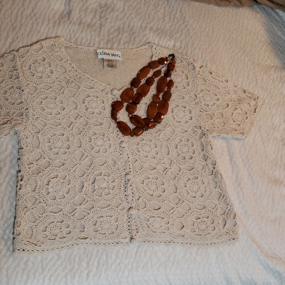 Vintage Celina Yang Ecru Cream Crochet Knit Sweater Top.